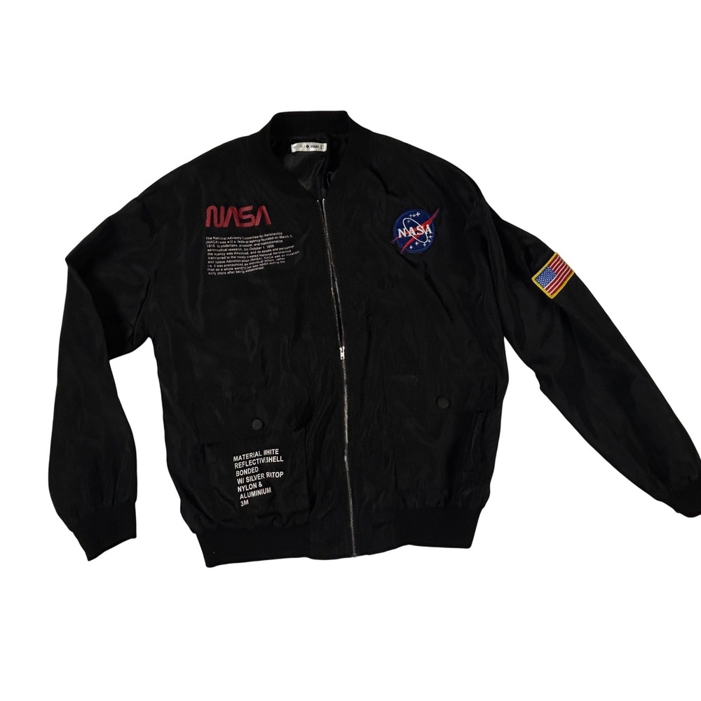 NWOT Graphic NASA Bomber Jacket Black Reflective Shell US Flag Patch Mens‎ XL